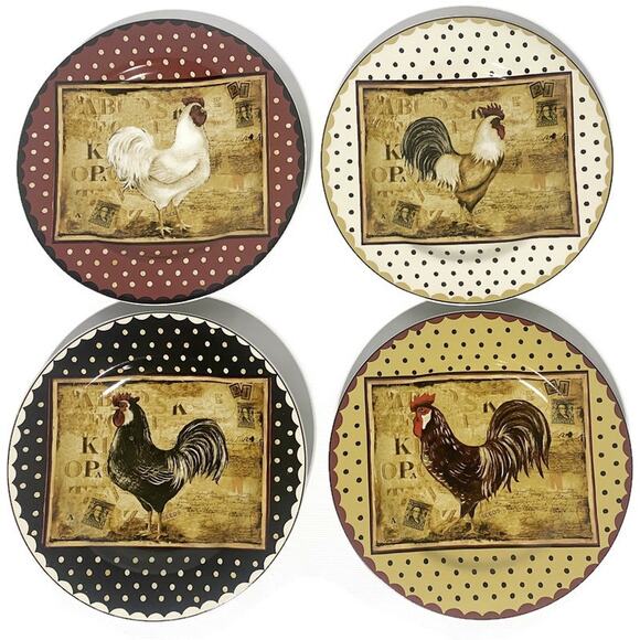Sakura Retro Rooster Dessert/Salad Plates 8 Inches Set of Four - Picture 1 of 8